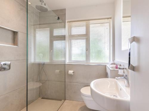 een badkamer met een wastafel, een toilet en een douche bij Avon Lock Cottage - Uk34125 in Tewkesbury