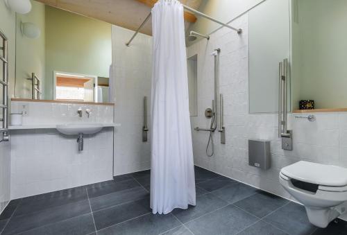 a bathroom with a shower and a toilet and a sink at Kittwhistle in Dorchester