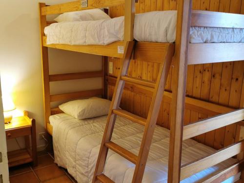 deux lits superposés dans une chambre avec un lit dans l'établissement Charmant T2 cab au cœur du vieux village des Gets, balcon, proximité pistes et commerces, 3 étoiles - FR-1-598-20, aux Gets