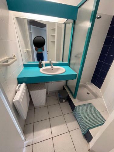 une petite salle de bain avec un lavabo et un miroir dans l'établissement Appartement residence le nautile, au Grau-du-Roi