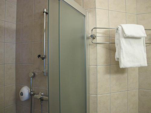 a shower with a glass door and a towel at Chesterfield Hotel in Trondheim