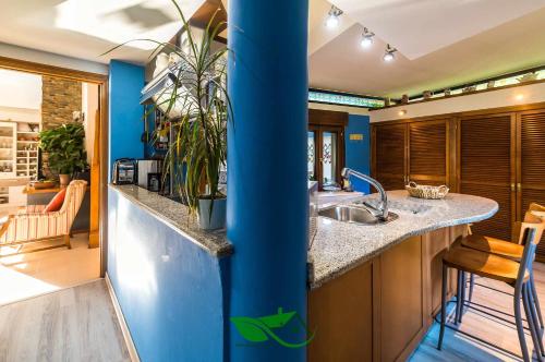 a kitchen with blue walls and a sink in a room at Villa vacacional Coto Blanco in Nueva de Llanes