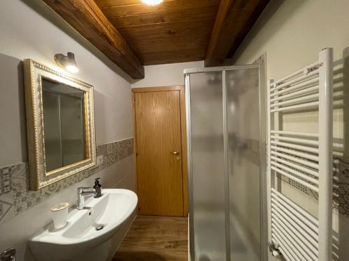 La salle de bains est pourvue d'un lavabo et d'une douche. dans l'établissement Agriturismo Le Castellare, à Montemonaco