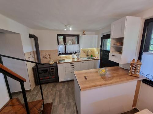 a kitchen with white cabinets and a black refrigerator at Chata Gabika in Košice