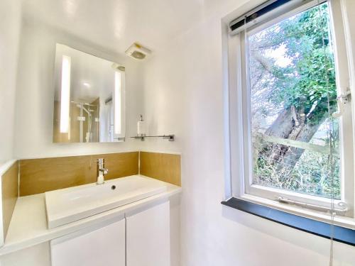 a bathroom with a sink and a window at The Hazeling Hideaway in Stroud