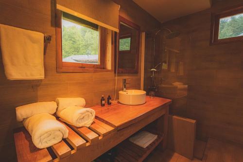 a bathroom with a sink and towels on a counter at Peuma Lodge Patagonia in Futaleufú