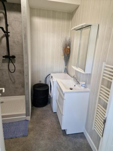 une salle de bain blanche avec un lavabo et un miroir dans l'établissement Maison Fétilly, sweet home, à La Rochelle