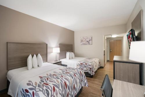 a hotel room with two beds and a desk at Red Roof Inn & Suites Carrollton, GA - West Georgia in Carrollton