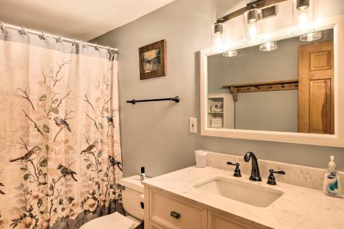 a bathroom with a sink and a shower curtain at Magnificent Victory Cabin with Private Hot Tub! 
