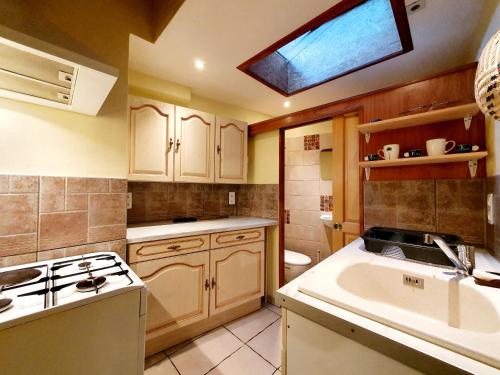 une cuisine avec un évier et une cuisinière four supérieur dans l'établissement Logement entier Chez Léa et Brevia, à Saint-Beauzély