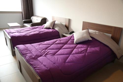 2 bedden in een kamer met paarse dekens bij VU'Z Hotel in Jbeil