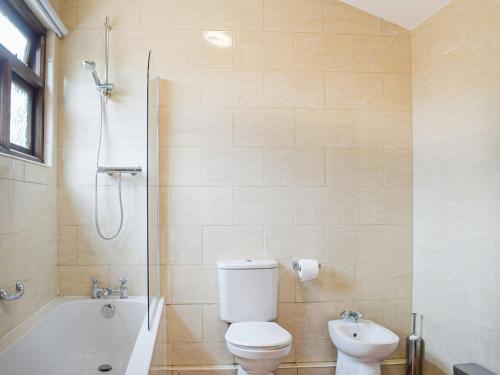 a bathroom with a toilet and a shower and a sink at The Summerhouse - Uk34933 in Baschurch