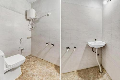 two pictures of a bathroom with a toilet and a sink at Bluerock Resort in Tirupati