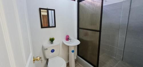een badkamer met een toilet, een wastafel en een douche bij Sleep&Go! Cabina Cuadruple en Siquirres Centro -and rafting tour! in Siquirres