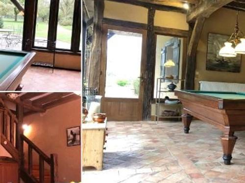 two pictures of a room with a pool table at Évasion champêtre : Maison avec piscine, tennis, et étang au cœur de 50 hectares de forêt - FR-1-410-307 in Le Lude
