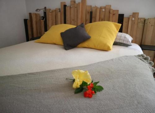 Una cama con flores amarillas y rojas. en CHAMBRES LEZARD Home, en Païta