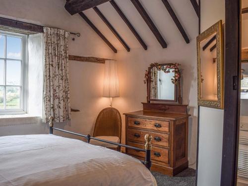 a bedroom with a bed and a mirror and a dresser at Pentre Cwm Bach in Llansilin