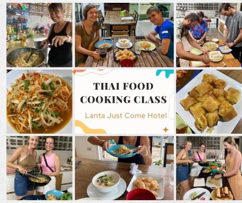 a collage of photos of food and people eating at Lanta Just Come Hotel in Ko Lanta