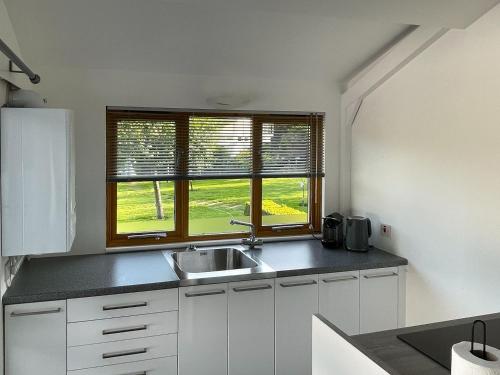 eine Küche mit einem Waschbecken und einem Fenster in der Unterkunft The Lodge At The Lake House in Ifold