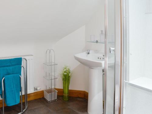 uma casa de banho branca com um lavatório e um chuveiro em Stronvaar em Stranraer