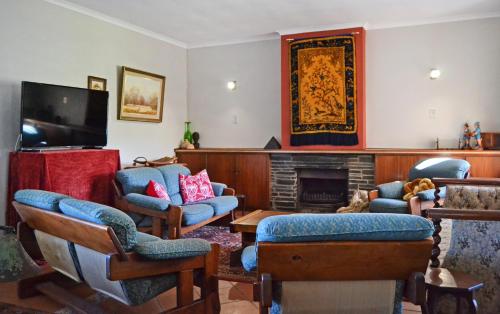 a living room with a fireplace and a tv at Chesham House in Hermanus