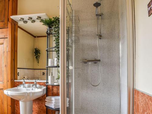 a bathroom with a shower and a sink at Stonesthrow Townhouse in Leek
