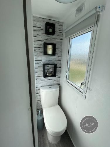 a small bathroom with a toilet and a window at Meadow Lakes 22 - Golden Palm, pet friendly, WiFi, bed linen - Meadow Lakes Caravan & Lodge Hire in Skegness