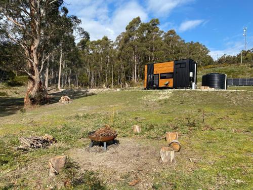 a building in a field with trees in the background at Adina Tiny House Bruny Island in South Bruny
