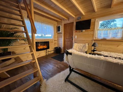 a living room with a couch and a fireplace at Domek wypoczynkowy - Stajnia Magenta 