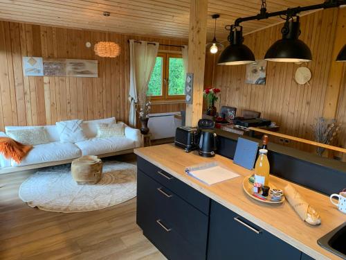 une cuisine et un salon avec un canapé dans une pièce dans l'établissement Chalet « à l’orée du bois », à Liézey