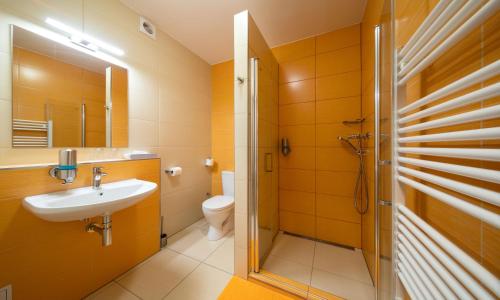 La salle de bains est pourvue d'un lavabo et de toilettes. dans l'établissement Penzion Lenka, à Třemošná