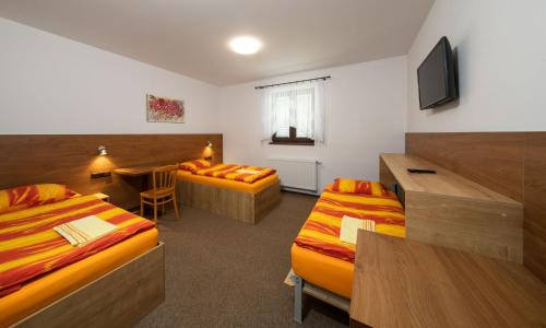 a hotel room with two beds and a desk at Penzion Lenka in Třemošná