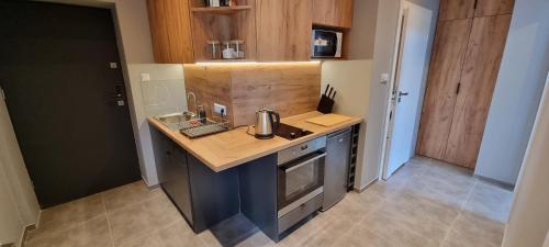 a small kitchen with a counter and a sink at Apartamenty Chorzów obok Parku Śląskiego in Chorzów