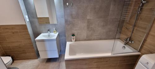 W łazience znajduje się prysznic, wanna i umywalka. w obiekcie Apartamenty Chorzów obok Parku Śląskiego w mieście Chorzów