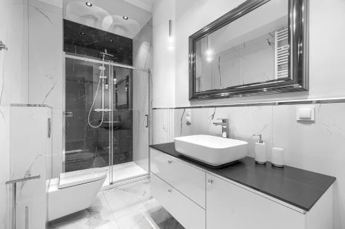 a black and white bathroom with a sink and a shower at Apartament w Hanza Tower in Szczecin