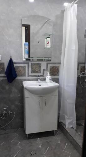 a bathroom with a sink and a shower curtain at Villa Mimi in Bazmakhpyur