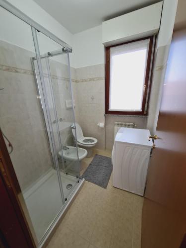 uma casa de banho com uma cabina de duche em vidro e um WC. em La casa di Ida Intero appartamento em Vigevano