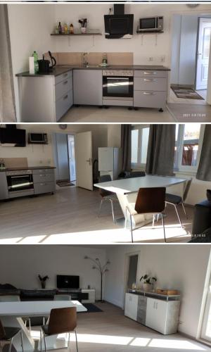 a kitchen and a living room with a table and chairs at 2 Zimmer Wohnung an der Schweizer Grenze in Gottmadingen