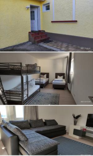 two pictures of a room with bunk beds and a living room at 2 Zimmer Wohnung an der Schweizer Grenze in Gottmadingen