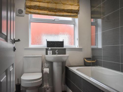 a bathroom with a toilet and a sink and a bath tub at Bumblebee Lodge in Staithes