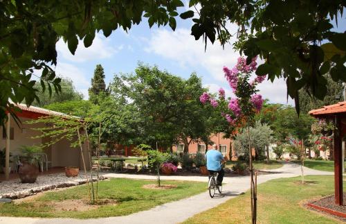 a man riding a bike down a sidewalk at Shaar Hagolan Kibbutz Country Lodging in Shaar Hagolan