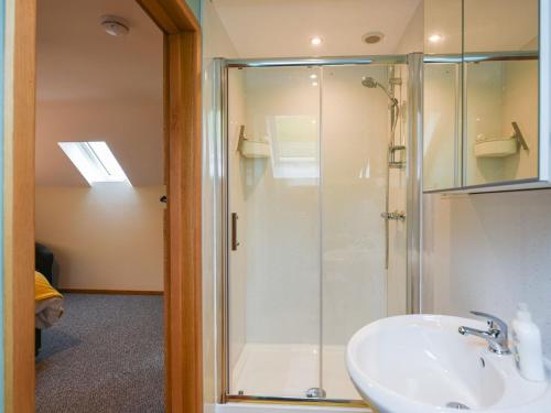 a bathroom with a shower and a sink at Yr Hen Feudy At Pentre Farm in Llansilin