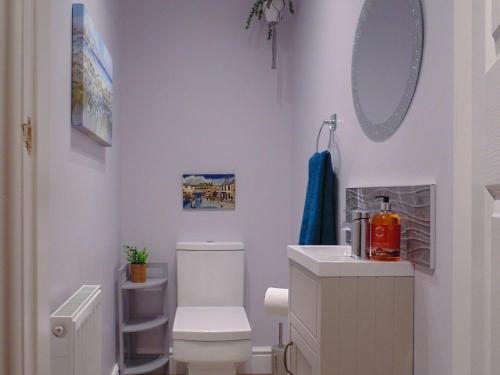a bathroom with a white toilet and a mirror at Newburgh C Listed Townhouse in Newburgh