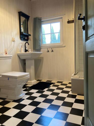 a bathroom with a black and white checkered floor at Oliwkowy gaj in Sasino