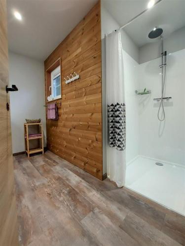 a bathroom with a shower and a bath tub at Chalet Noisette in Durbuy