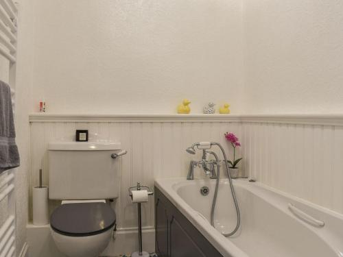 a bathroom with a toilet and a bath tub at Lodge Farm Cottage in Haworth