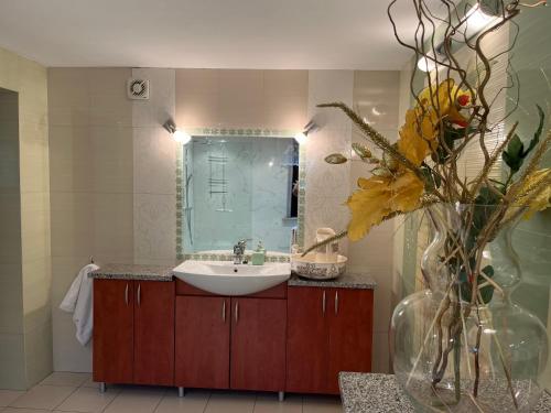 baño con lavabo y jarrón con flores en Wakacyjny dom w Suchym Borze en Suchy Bór