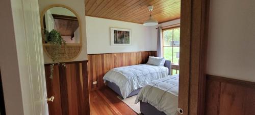 a bedroom with a bed and a mirror and a window at Tall Trees Eco Retreat - Blackwood Cottage in Apollo Bay