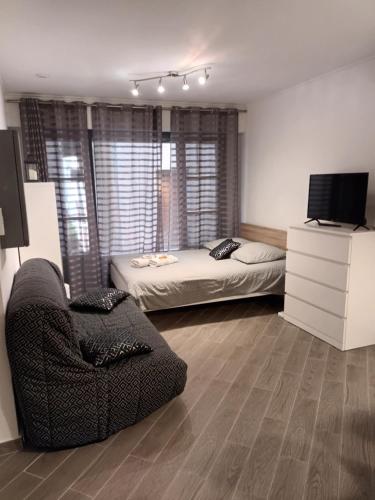 a bedroom with a bed and a couch and a television at Studio Centre ville Castellane in Castellane