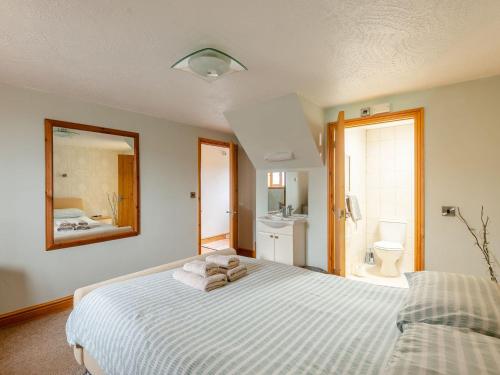 1 dormitorio con cama y espejo en Robins Nest - Uk36208, en Llanfihangel-y-creuddyn